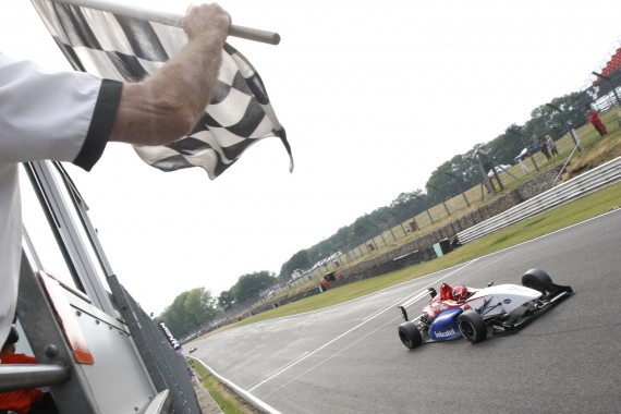 Pietro Fittipaldi crosses the line to take the win at Brands Hatch