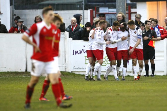 FA Trophy match Whitstable v Ebbsfleet. Ebbsfleet celebrate their first goal.